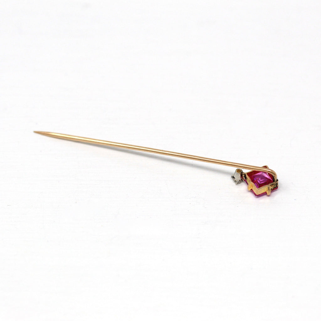 Sale - Antique Stick Pin - Edwardian 10k Yellow Gold Created Pink Sapphire 1.58 CT Stone - Vintage Circa 1910s Old European Diamond Jewelry
