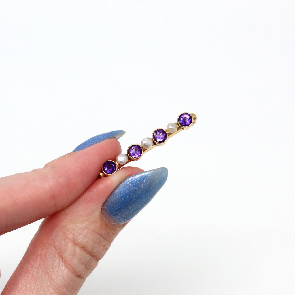 Sale - Genuine Amethyst Brooch - Edwardian 14k Yellow Gold Round Faceted Purple .60 CTW Gems Pin - Circa 1910s Cultured Pearls Fine Jewelry