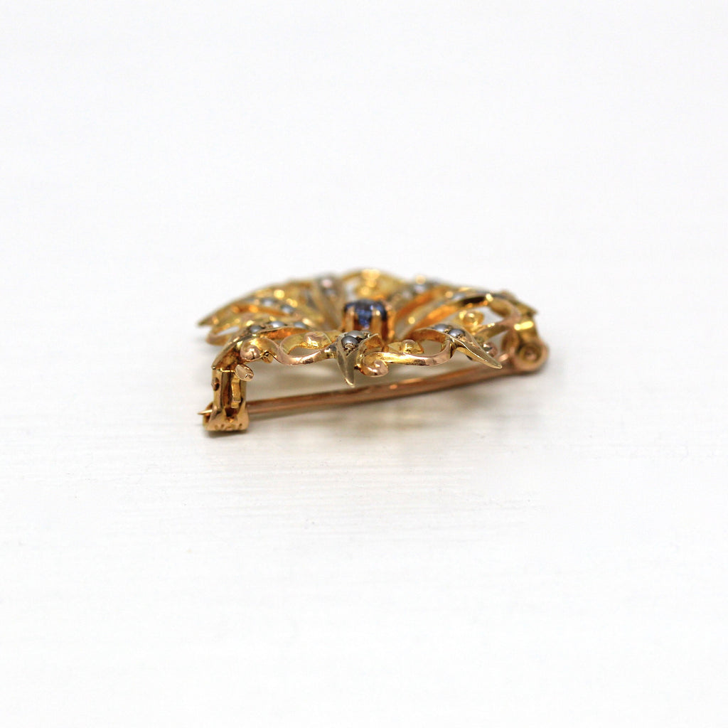 Sale - Antique Starburst Brooch - Edwardian 10k Yellow Gold Genuine .08 CT Sapphire Gem Pin - Circa 1910s Era Seed Pearls Celestial Jewelry
