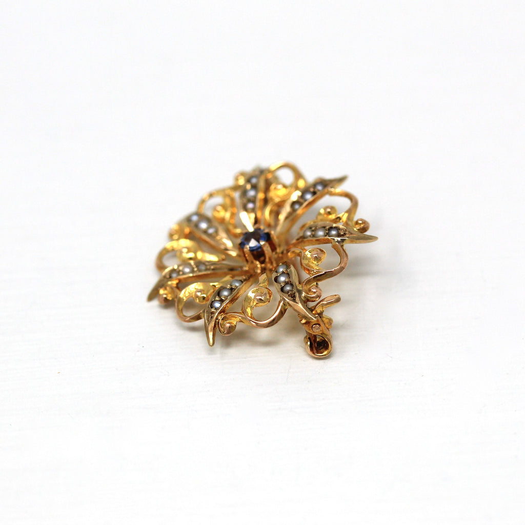 Sale - Antique Starburst Brooch - Edwardian 10k Yellow Gold Genuine .08 CT Sapphire Gem Pin - Circa 1910s Era Seed Pearls Celestial Jewelry