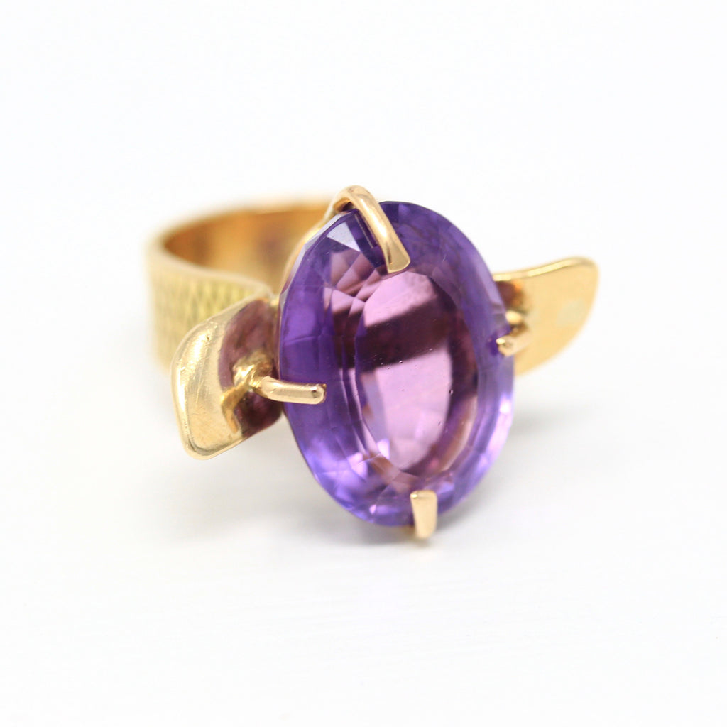 Sale - Genuine Amethyst Ring - Retro 14k Yellow Gold Purple Faceted 15.90 CT Gem - Vintage Circa 1970s Size 5 1/2 Maximalist Fine Jewelry
