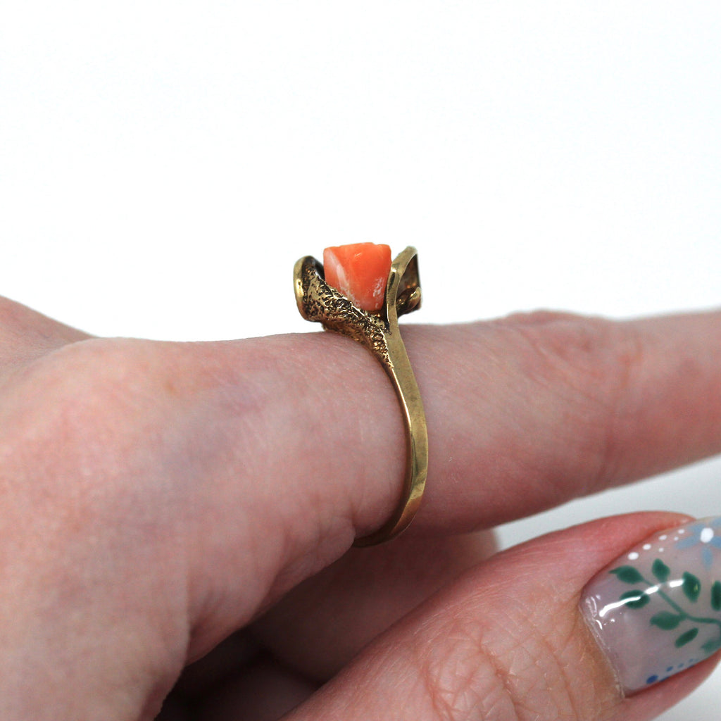 Sale - Genuine Coral Ring - Retro 10k Yellow Gold Carved Rose Flower Organic Gem - Vintage Circa 1960s Era Size 5 1/2 Modernist Fine Jewelry