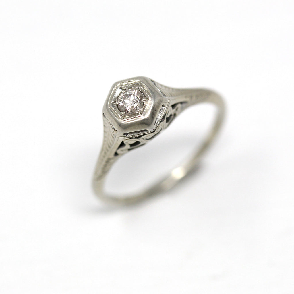 Sale - Genuine Diamond Ring - Art Deco 18k White Gold Genuine .08 CT Gem - Antique Circa 1920s Size 5.5 Filigree Wheat Design Fine Jewelry