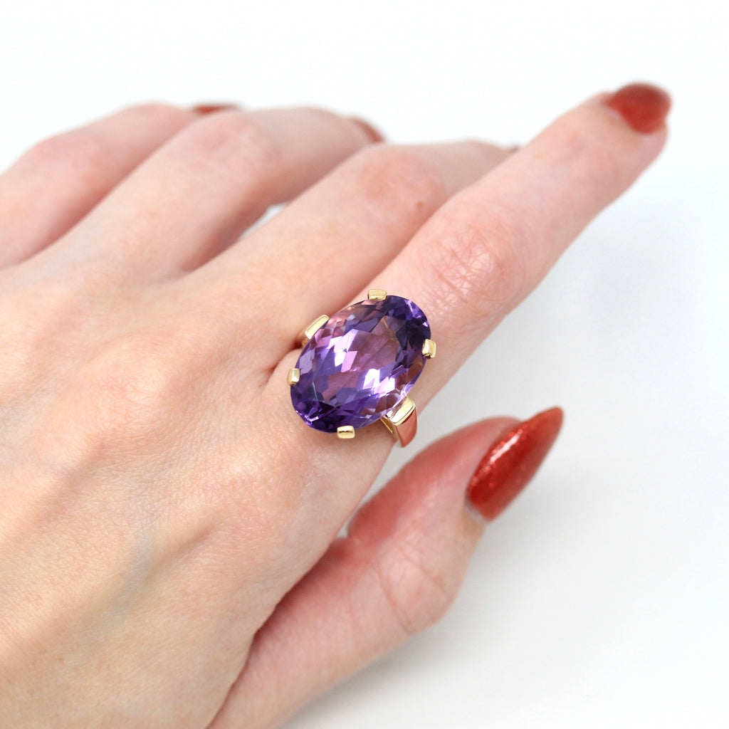 Sale - Amethyst Cocktail Ring - Modern 14k Yellow Gold Purple Oval 16+ CT Gem - Estate Circa 1980s Size 6.75 February Birthstone 80s Jewelry