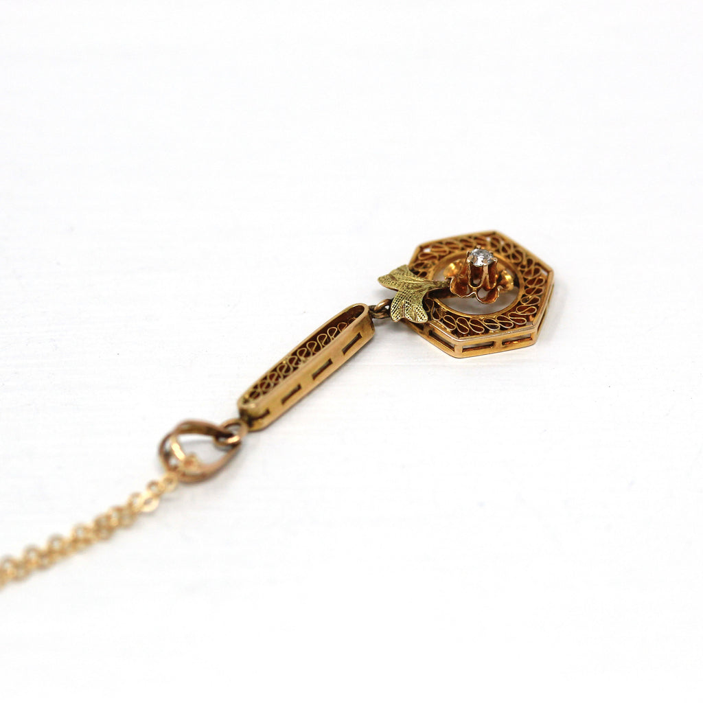 Sale - Antique Lavalier Necklace - Edwardian Era 10k Yellow Gold Genuine .02 CT Diamond Gem - Circa 1910s Filigree Style Buttercup Jewelry
