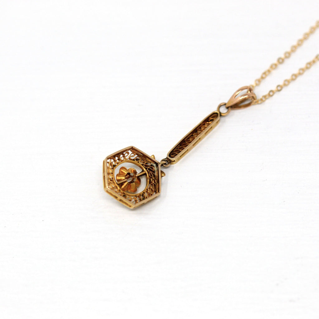Sale - Antique Lavalier Necklace - Edwardian Era 10k Yellow Gold Genuine .02 CT Diamond Gem - Circa 1910s Filigree Style Buttercup Jewelry