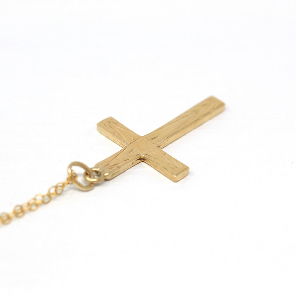 Vintage Cross Necklace - Retro 14k Yellow Gold Engraved Etched Pendant Charm - Circa 1940s Era Statement Religious Faith Esemco Fine Jewelry