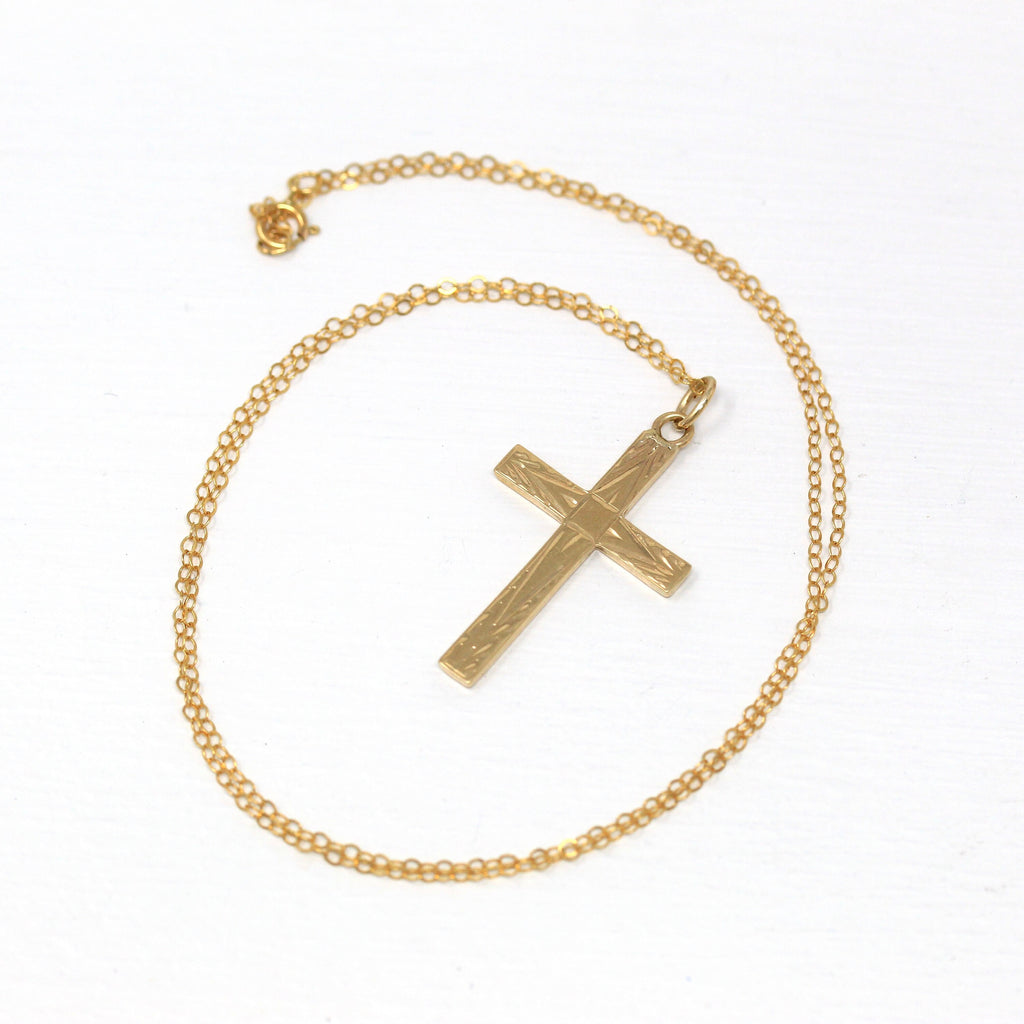 Sale - Vintage Cross Necklace - Retro 14k Yellow Gold Engraved Etched Pendant - Circa 1940s Statement Religious Faith Esemco Fine Jewelry