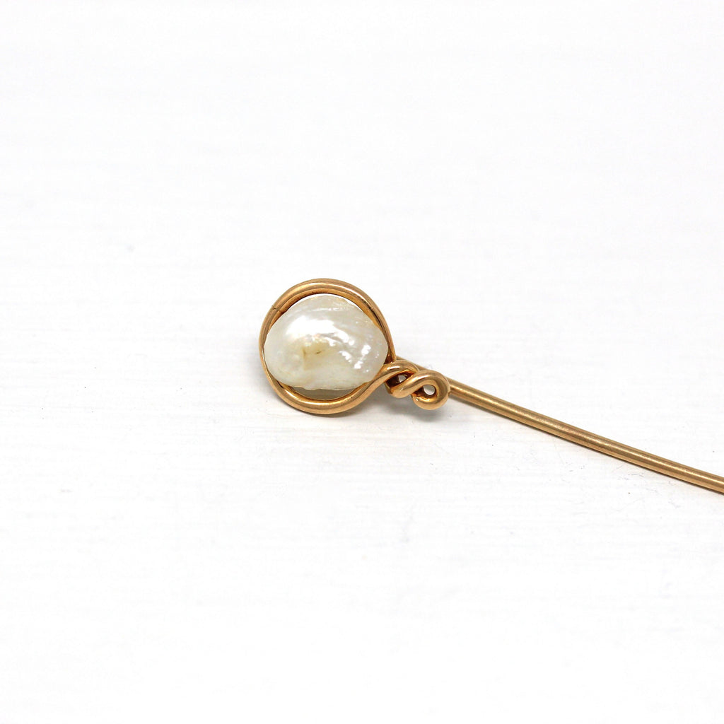 Baroque Pearl Stick Pin - Edwardian 10k & 14k Yellow Gold Genuine Organic Gemstone - Antique Circa 1910s Era Fashion Accessory Fine Jewelry