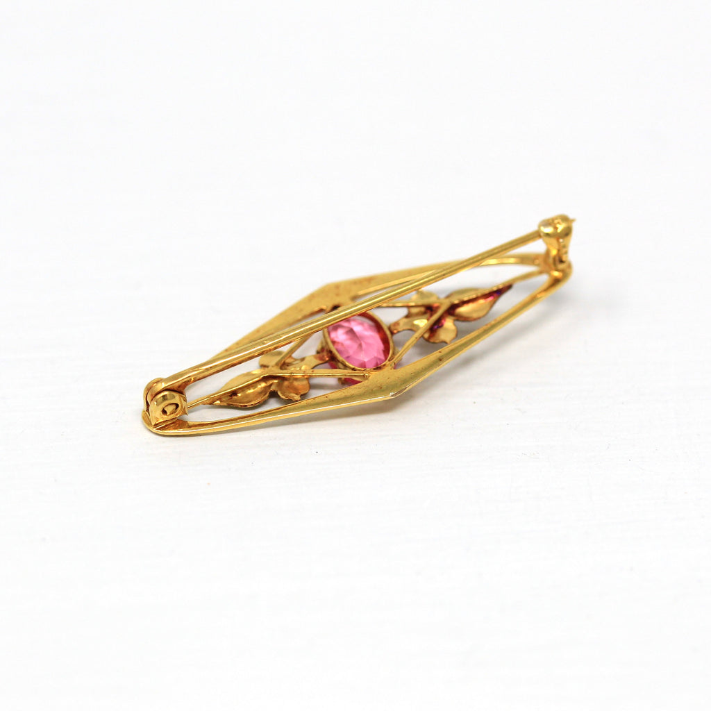 Sale - Vintage Brooch Accessory - Retro 10k Yellow Gold Simulated Pink Sapphire Stone Pin - Circa 1940s Leaf Motif Smith & Fisher Jewelry