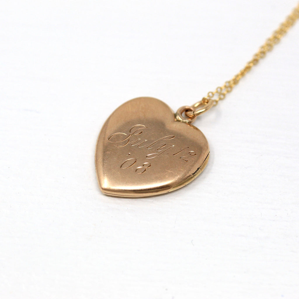 Sale - Antique Heart Locket - Edwardian 10k Rose Gold Dated "July 12 '08" Necklace Pendant - Vintage Monogrammed "RMD" Keepsake Fine Jewelry