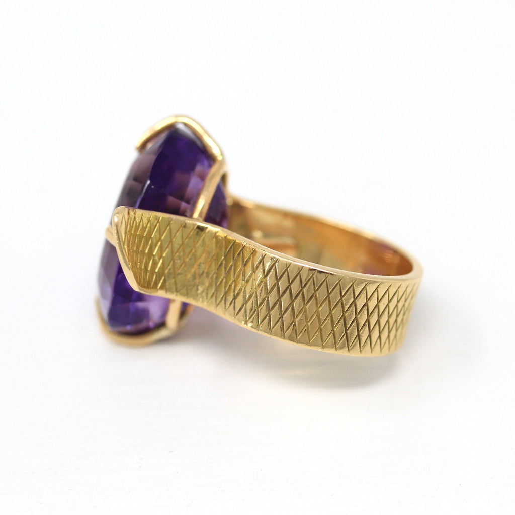 Sale - Genuine Amethyst Ring - Retro 14k Yellow Gold Purple Faceted 15.90 CT Gem - Vintage Circa 1970s Size 5 1/2 Maximalist Fine Jewelry