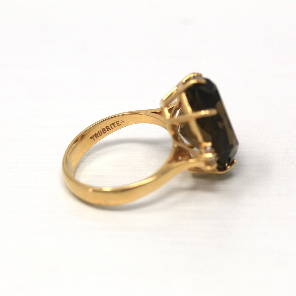 Sale - Smoky Quartz Ring - Retro 10k Yellow Gold Genuine Faceted 8.97 CT Brown Gem - Vintage Circa 1970s Era Size 5 Statement Fine Jewelry
