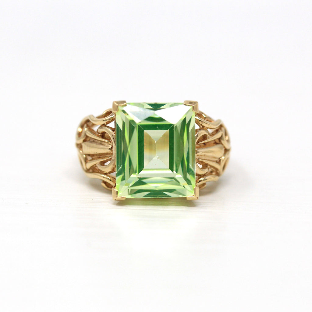 Sale - Created Spinel Ring - Retro 10k Yellow Gold Rectangular Faceted 7.50 CT Green Stone - Vintage 1960s Era Size 6 1/2 Statement Jewelry