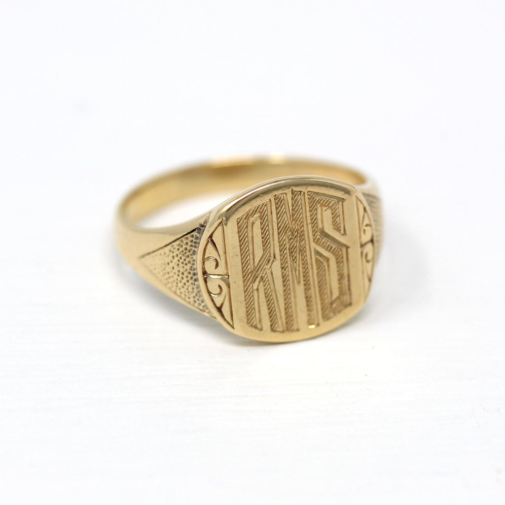 Sale - Letters "RMS" Signet - Art Deco 10k Yellow Gold Three Monogrammed Initials Ring - Vintage Circa 1930s Size 10 3/4 Statement Jewelry