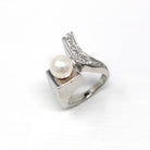 Mid Century Ring - Vintage 14k White Gold Cultured Pearl Genuine .12 CTW Diamond - 1950s Era Size 2 June Birthstone Modernist Fine Jewelry