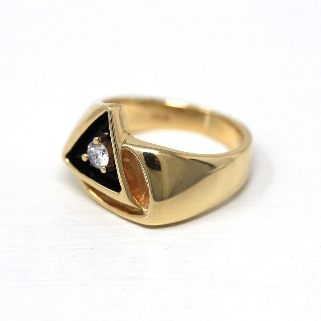 Sale - Genuine Diamond Ring - Estate 10k Yellow Gold .14 CT Gemstone - Vintage Circa 1980s Era Size 6 Unisex Triangle Statement 80s Jewelry