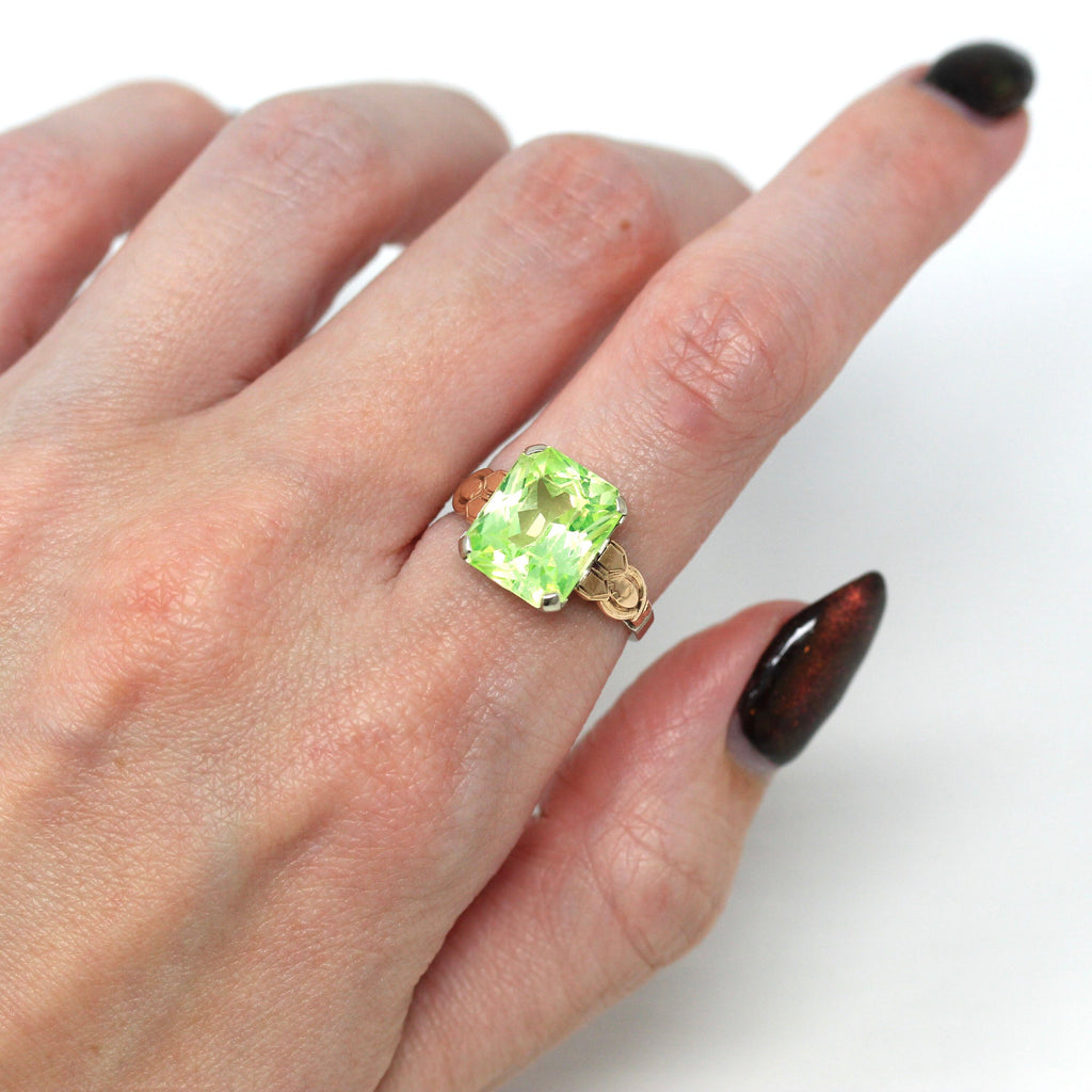 Sale - Created Spinel Ring - Retro 14k White & Rose Gold Emerald Cut Light Green Stone - Vintage 1940s Era Size 5 1/2 Statement Fine Jewelry