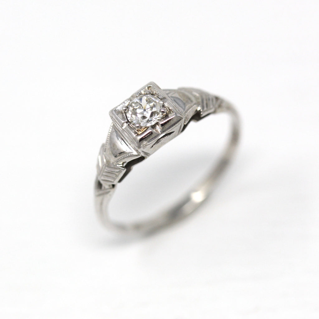 Genuine Diamond Ring - Art Deco 14k White Gold 1/5 CT Round Cut Gemstone - Vintage Circa 1930s Era Size 5 Wedding Engagement Fine Jewelry