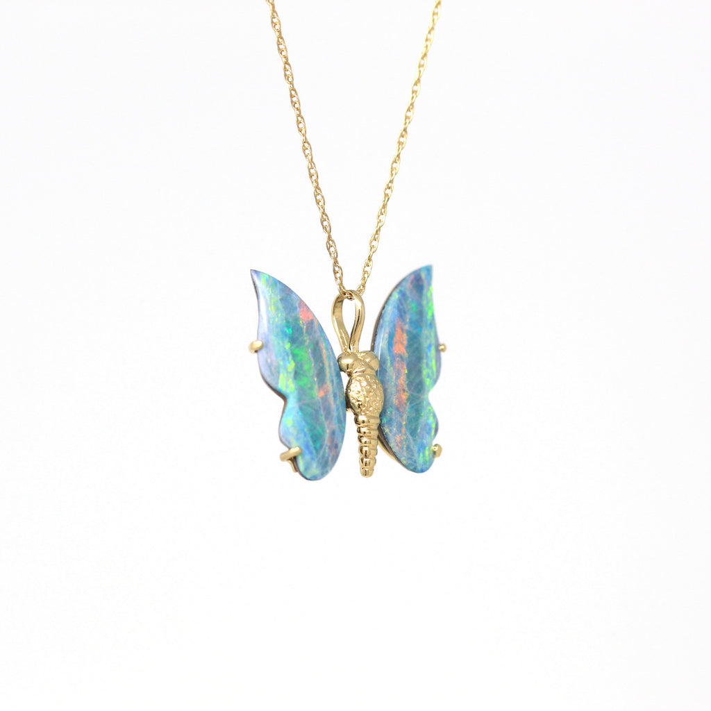 Sale - Opal Triplet Butterfly Charm - Estate 14k Yellow Gold Fancy Cut Gemstone Pendant Necklace - Modern Circa 2000's Era Fine Y2K Jewelry