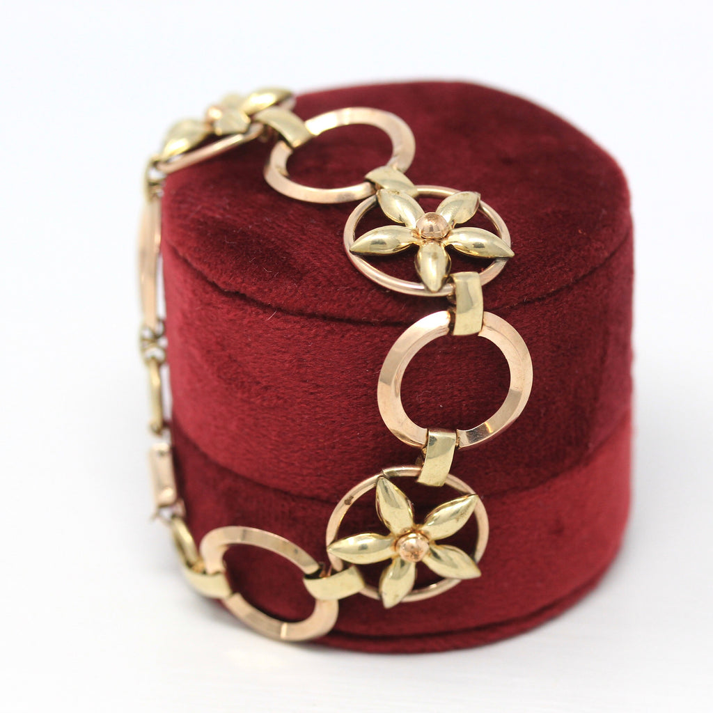 Sale - Vintage Flower Bracelet - Retro 12k Yellow & Rose Gold Filled Two Tone Link - Circa 1940s Era Statement Fashion Accessory 40s Jewelry