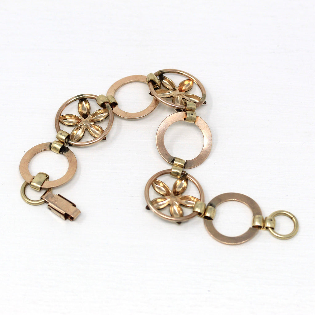 Sale - Vintage Flower Bracelet - Retro 12k Yellow & Rose Gold Filled Two Tone Link - Circa 1940s Era Statement Fashion Accessory 40s Jewelry