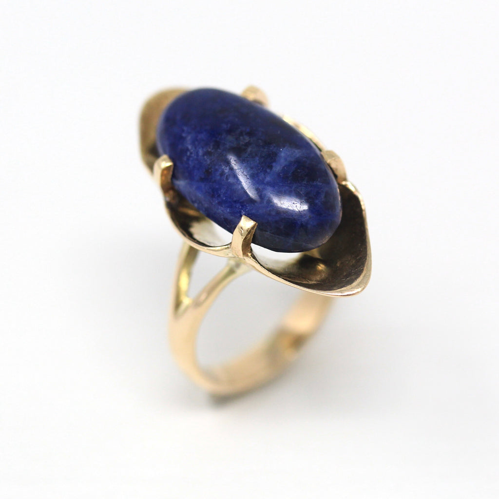 Genuine Sodalite Ring - Retro 14k Yellow Gold Genuine Cabochon Cut Blue Gemstone - Vintage Circa 1960s Size 6.25 Statement 60s Fine Jewelry