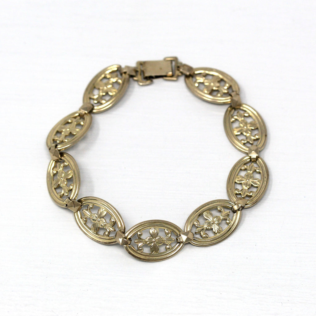 Vintage Flower Bracelet - Retro 14k Gold Filled On Sterling Silver Fold Over Clasp - Circa 1940s Era Fashion Accessory Symmetalic Jewelry