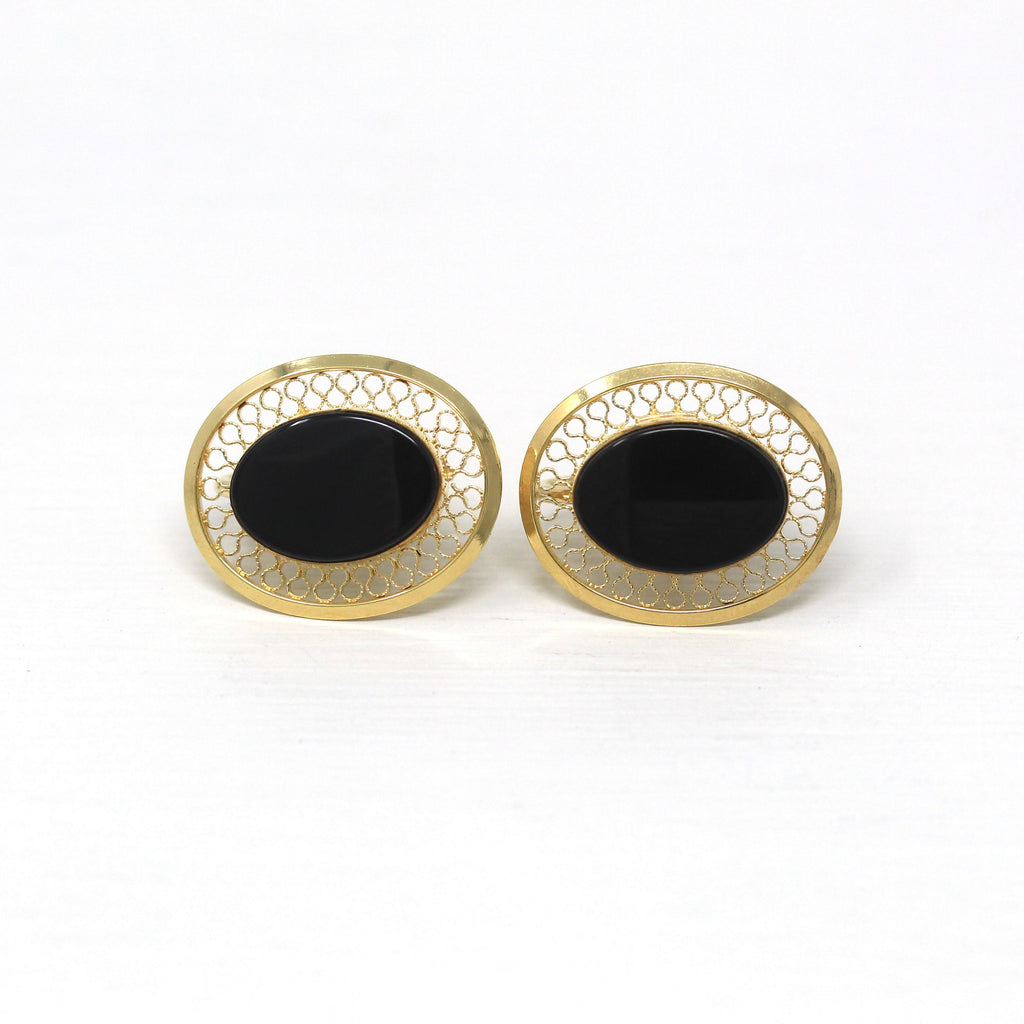 Vintage Onyx Earrings - Retro 12k Gold Filled Oval Genuine Black Gemstones Screw Backs - Circa 1940s Era Fashion Accessory Danecraft Jewelry