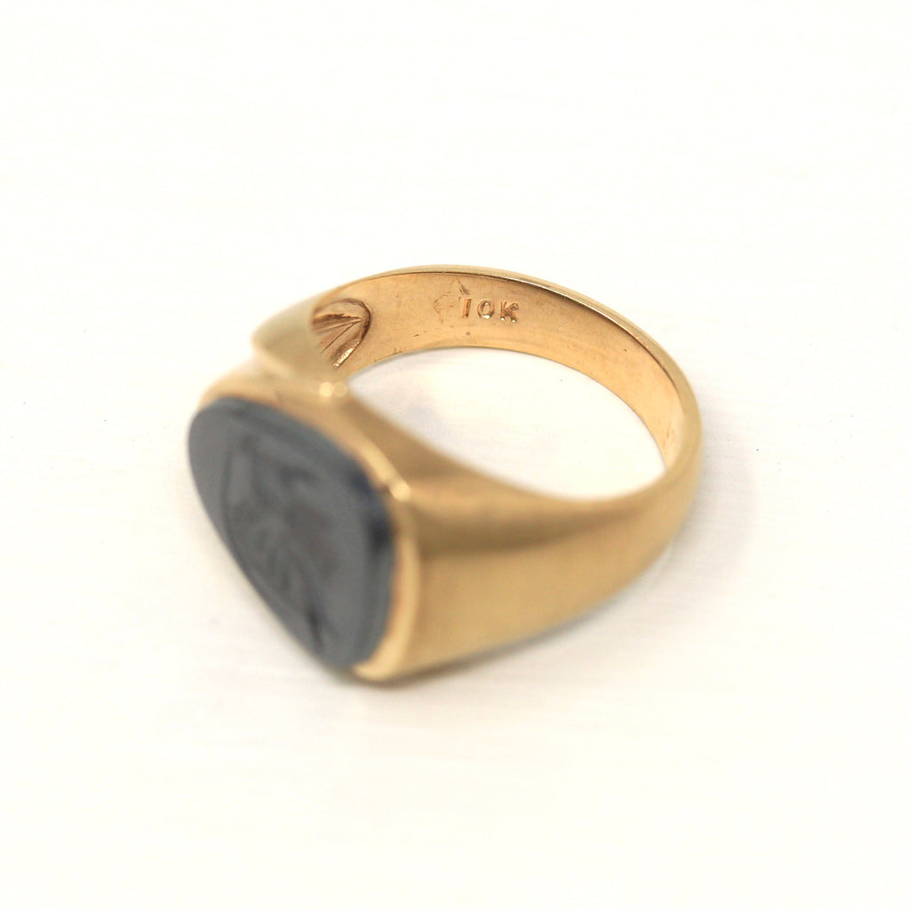 Sale - Vintage Hematite Ring - Retro 10k Yellow Gold Intaglio Carved Gray Roman Gem Warrior - Circa 1970s Era Size 10 1/4 Statement Jewelry