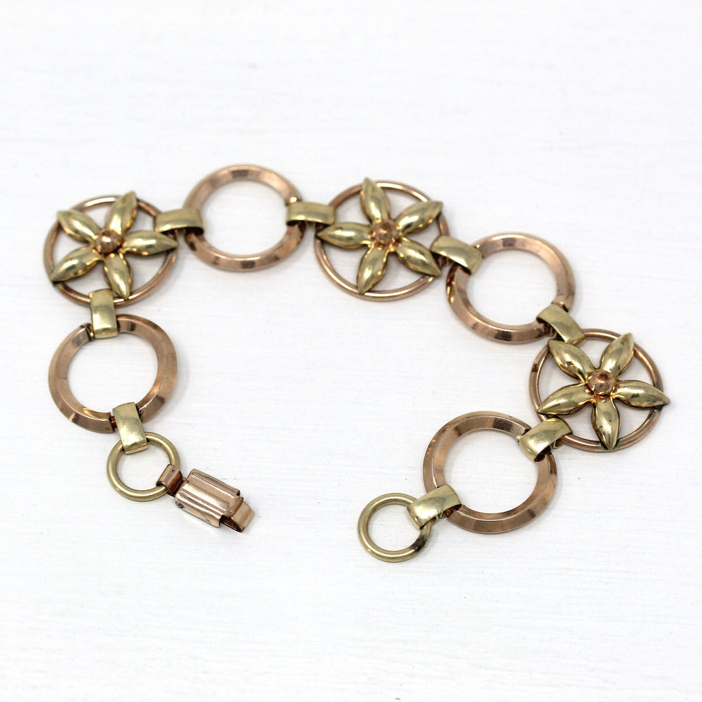 Vintage Flower Bracelet - Retro 12k Yellow & Rose Gold Filled Two Tone Link Panels - Circa 1940s Era Statement Fashion Accessory 40s Jewelry
