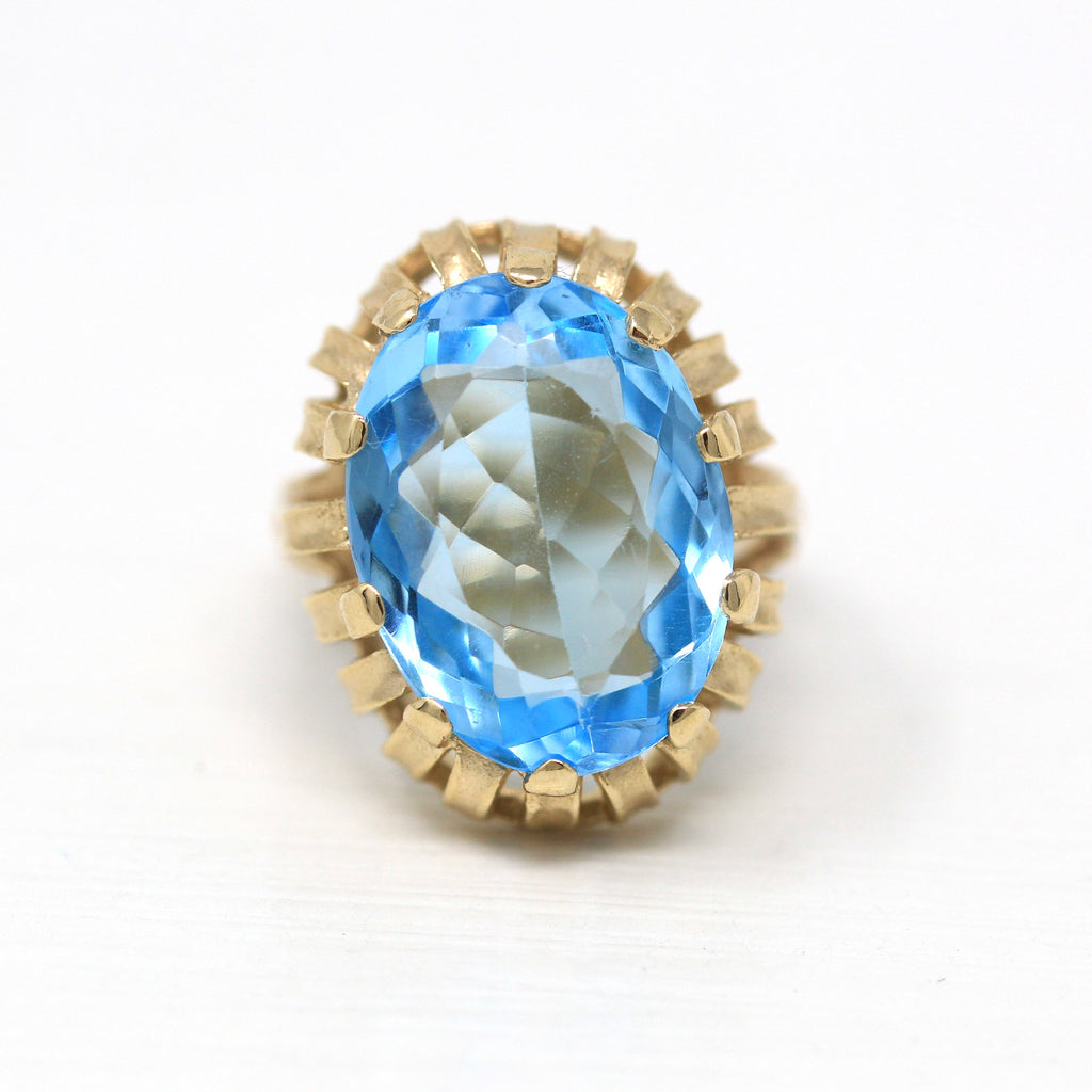 Sale - Blue Topaz Ring - Estate 14k Yellow Gold Genuine Oval Faceted 10.5 CT Gemstone - Modern 2000's Era Size 6 December Birthstone Jewelry