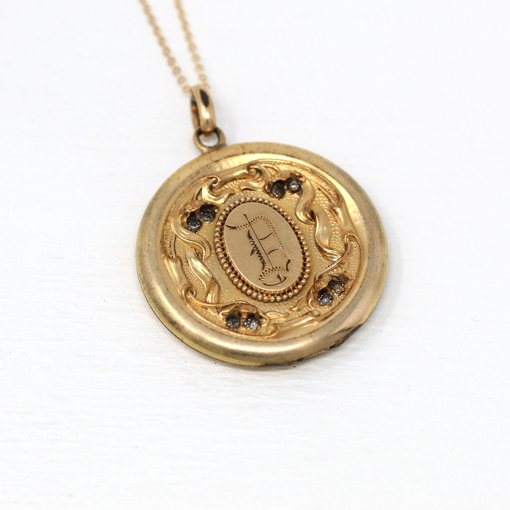 Letter "D" Locket - Edwardian Gold Filled Rhinestone Pendant Necklace Charm - Circa 1910s Era Round Statement Engraved Initial Jewelry