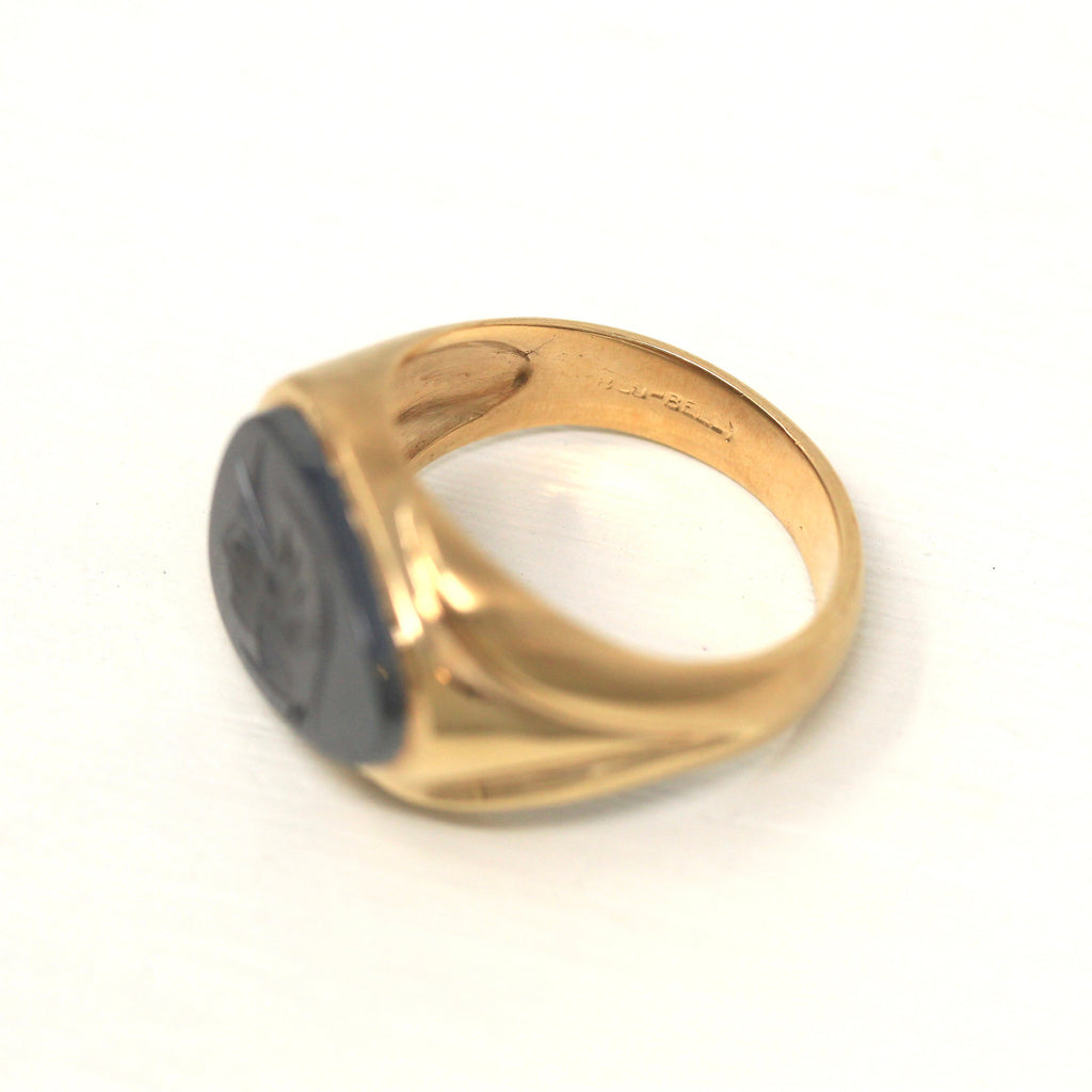 Sale - Vintage Hematite Ring - Retro 10k Yellow Gold Intaglio Carved Gray Roman Gem Warrior - Circa 1970s Era Size 10 1/4 Statement Jewelry