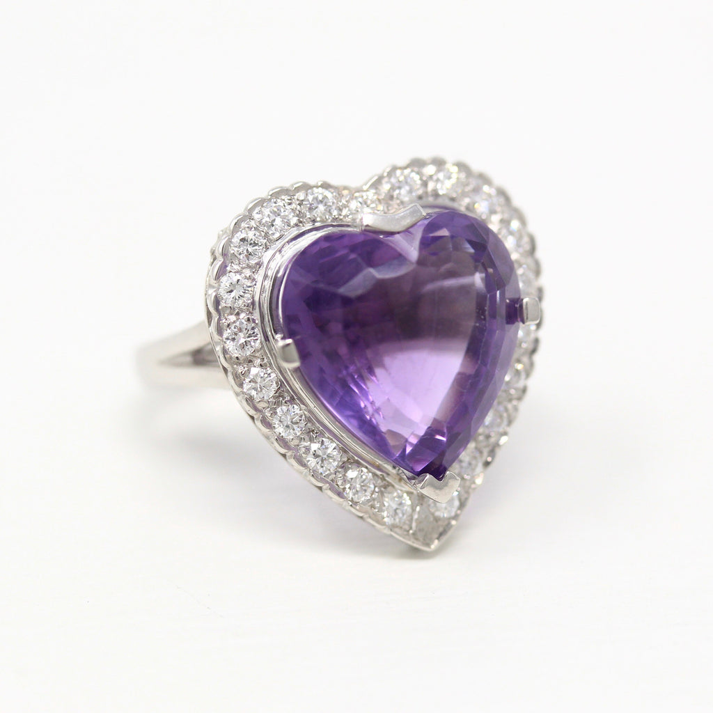 Amethyst Cocktail Ring - Estate 14k White Gold Diamond & Purple 11.42 CT Gem - Size 6.5 Modern Diamond Halo Romantic Heart Love Fine Jewelry