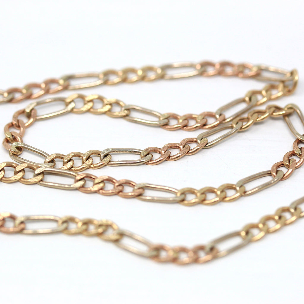 Sale - Figaro Chain Necklace - Estate 10k Yellow White & Rose Gold 16 Inch Lobster Claw Clasp - Modern Circa 2000s Fashion Accessory Jewelry