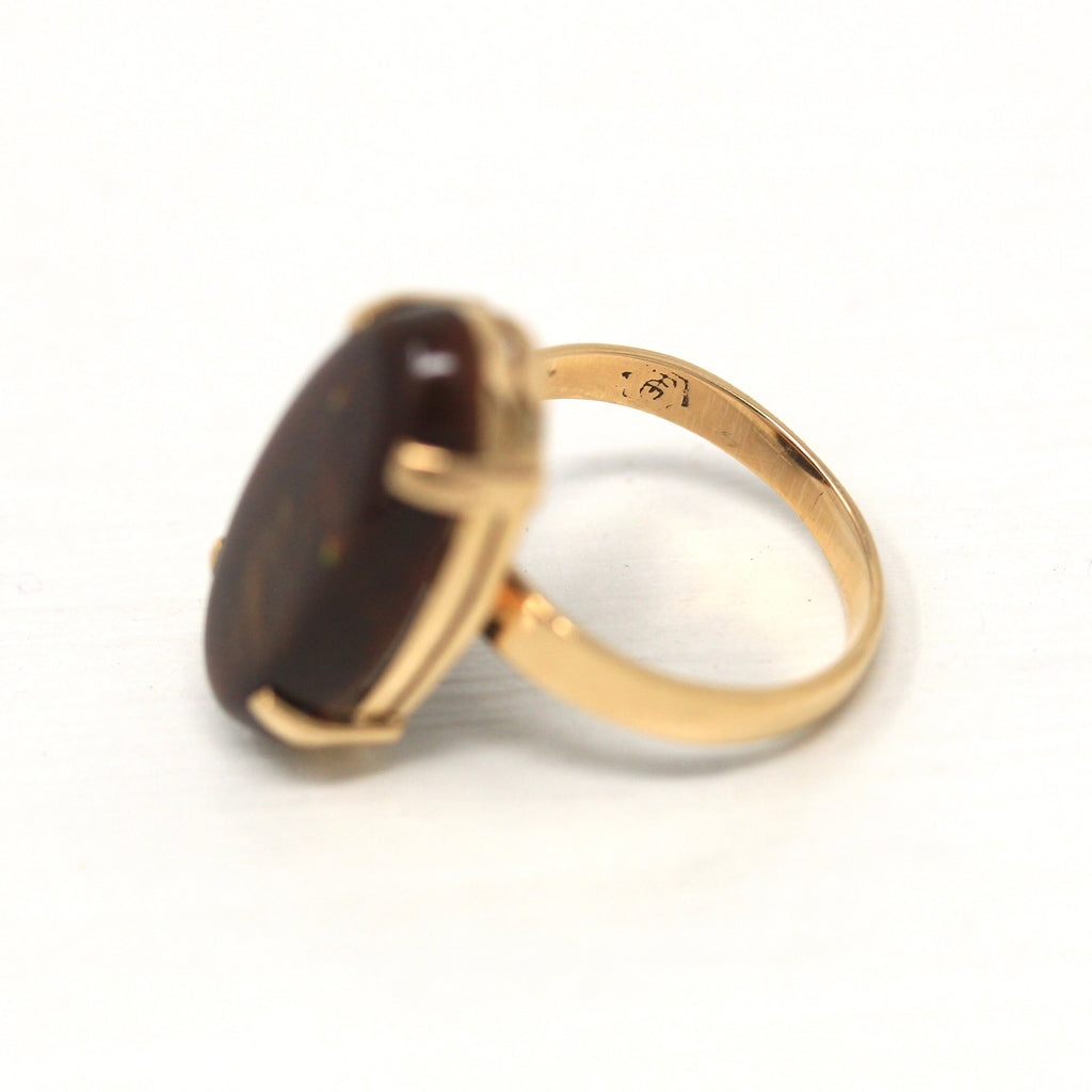 Sale - Genuine Fire Agate Ring - Estate 14k Yellow Gold Cabochon Cut Unique Brown Gemstone - Size 5 Statement 4.93 Ct Oblong Fine Jewelry