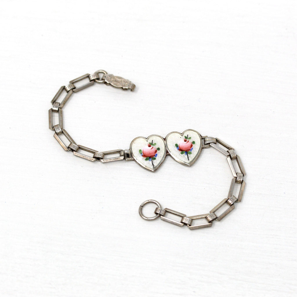 Sale - Art Deco Bracelet - Vintage Sterling Silver Guilloché Enamel Pink Rose Green Leaves - Circa 1930s Era Double Hearts Gate Link Jewelry