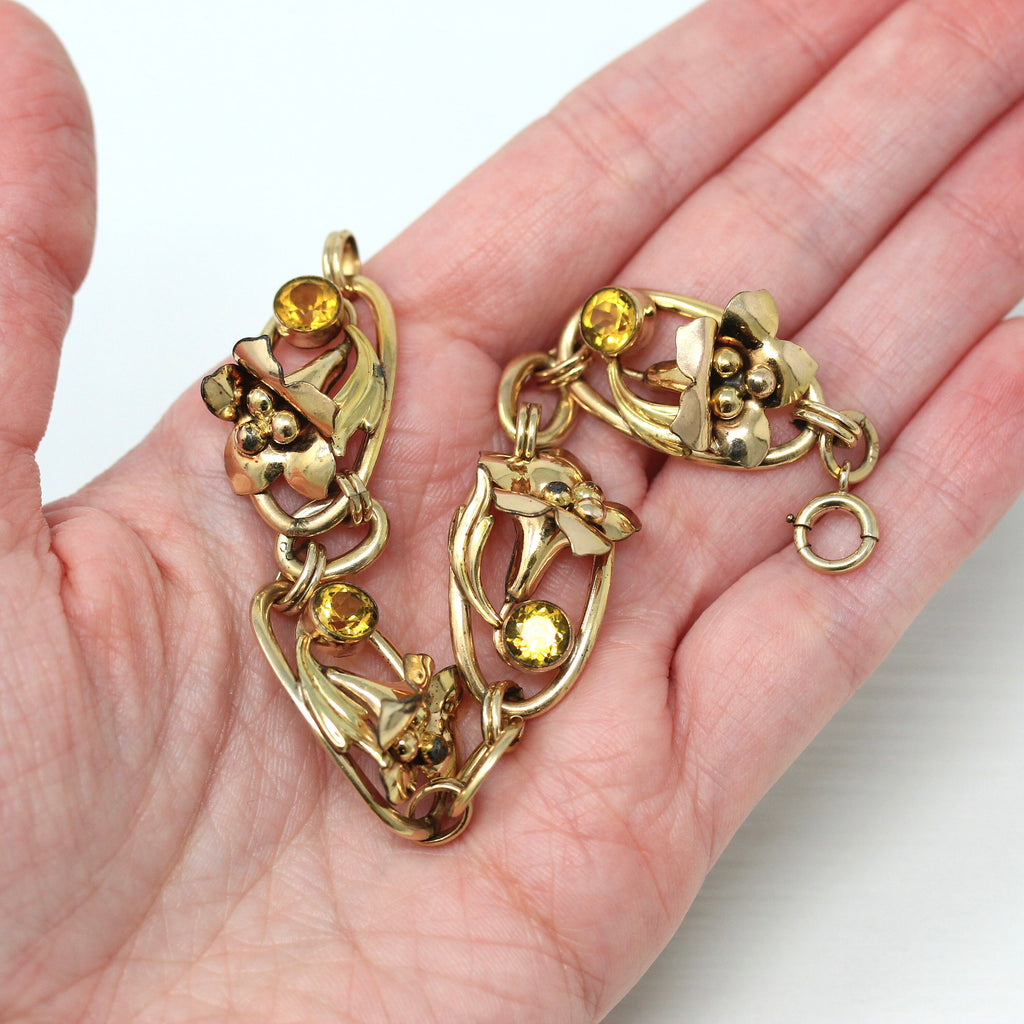 Sale - Vintage Flower Bracelet - Retro 12k Gold Filled Simulated Citrine Glass Stones - Circa 1940s Era Leaf Fashion Accessory 40s Jewelry