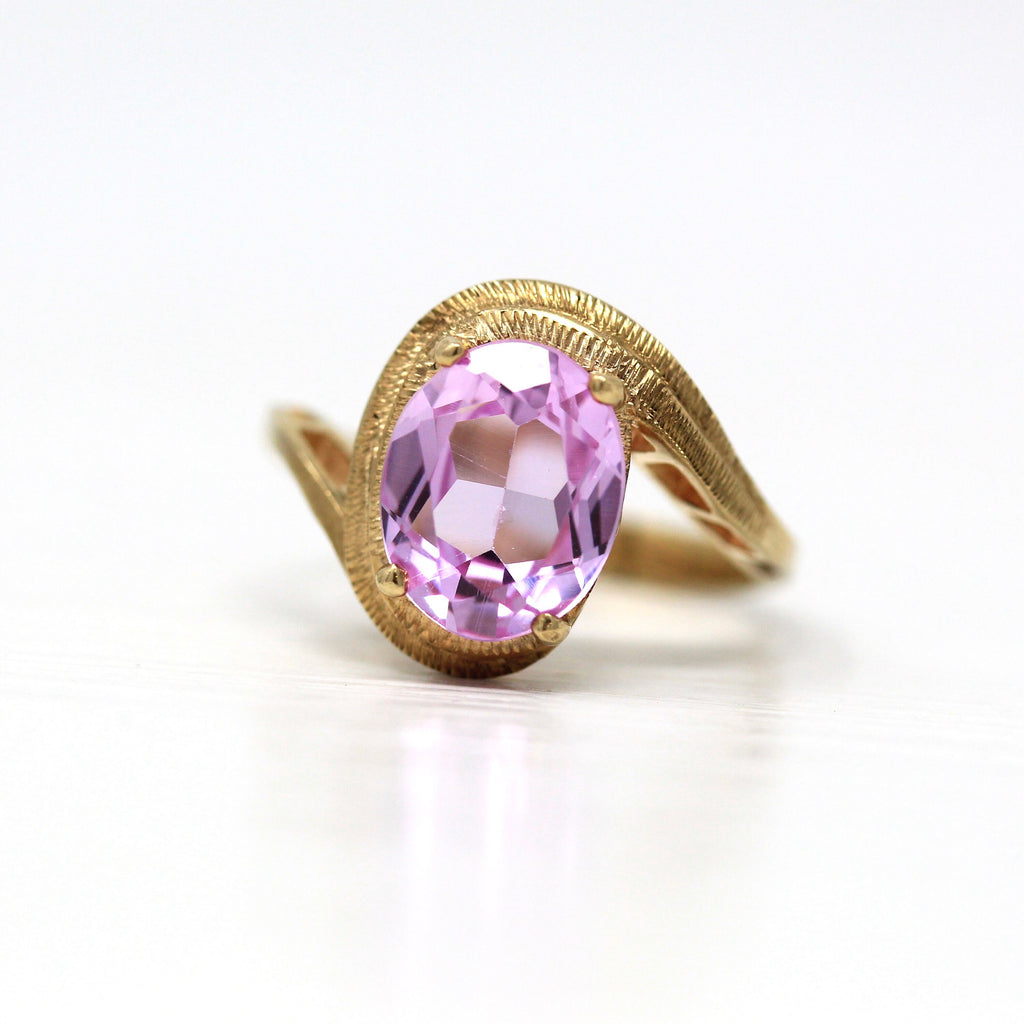 Created Pink Sapphire Ring - Retro 10k Yellow Gold Oval Faceted 2.36 CT Stone - Vintage Circa 1960s Size 5 1/2 Fine New Old Stock Jewelry