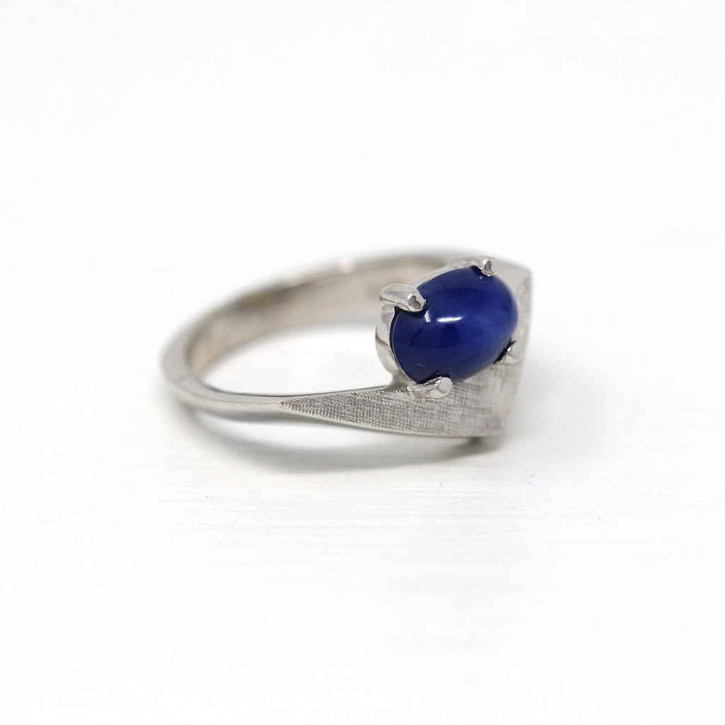 Sale - Created Star Sapphire Ring - Retro 14k White Gold Blue Cabochon Cut 1.87 CT Stone - Vintage Circa 1970s Size 6 New Old Stock Jewelry
