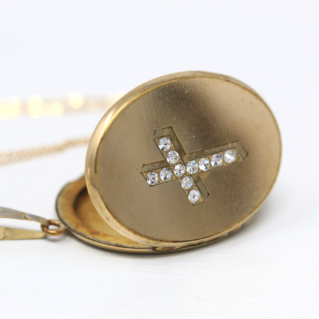 Sale - Antique Cross Locket - Edwardian Gold Filled Rhinestones Pendant Necklace Keepsake - Vintage Dated 1911 Statement Religious Jewelry