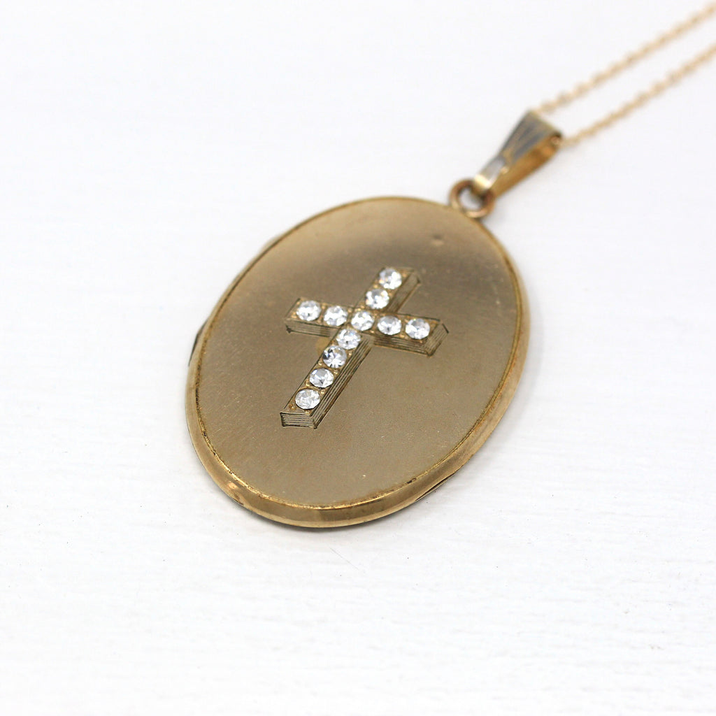 Sale - Antique Cross Locket - Edwardian Gold Filled Rhinestones Pendant Necklace Keepsake - Vintage Dated 1911 Statement Religious Jewelry