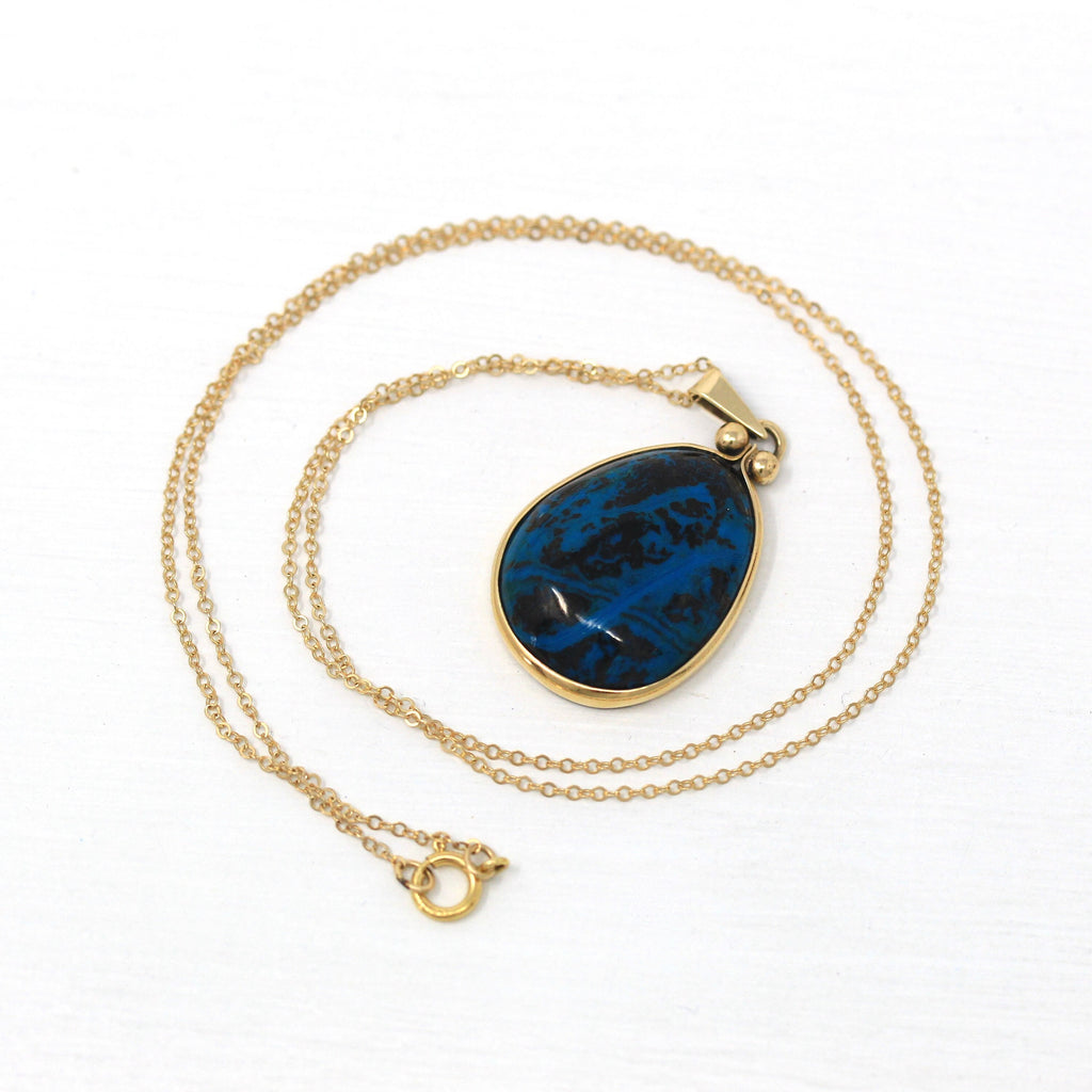 Sale - Simulated Turquoise Pendant - Estate 14k Yellow Gold Cabochon Cut Blue Black Necklace - Modern Circa 2000s Era Statement Fine Jewelry