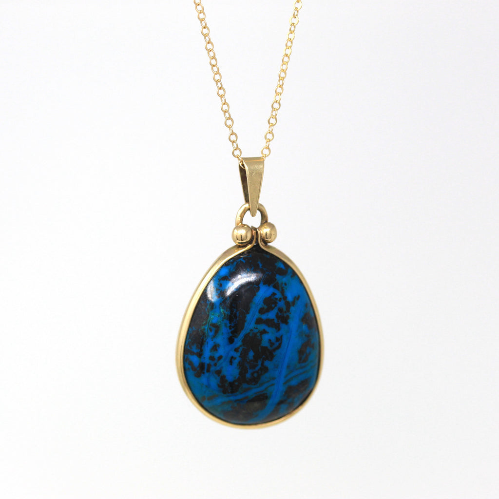 Sale - Simulated Turquoise Pendant - Estate 14k Yellow Gold Cabochon Cut Blue Black Necklace - Modern Circa 2000s Era Statement Fine Jewelry