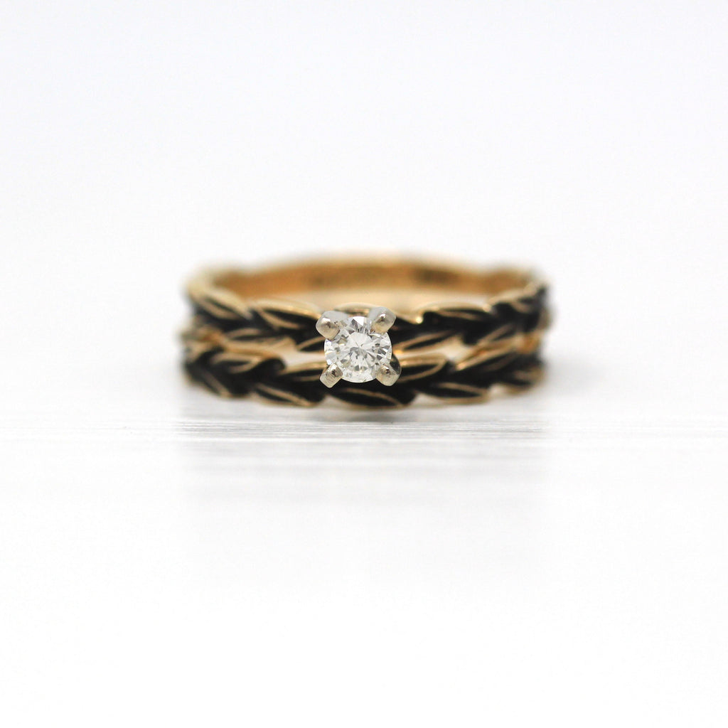 Engagement Ring Set - 14k Yellow Gold Genuine .13 CT Diamond Wedding Band Set - Circa 2000 Size 5.5 Patinaed Finish Fine Leaf Leaves Jewelry