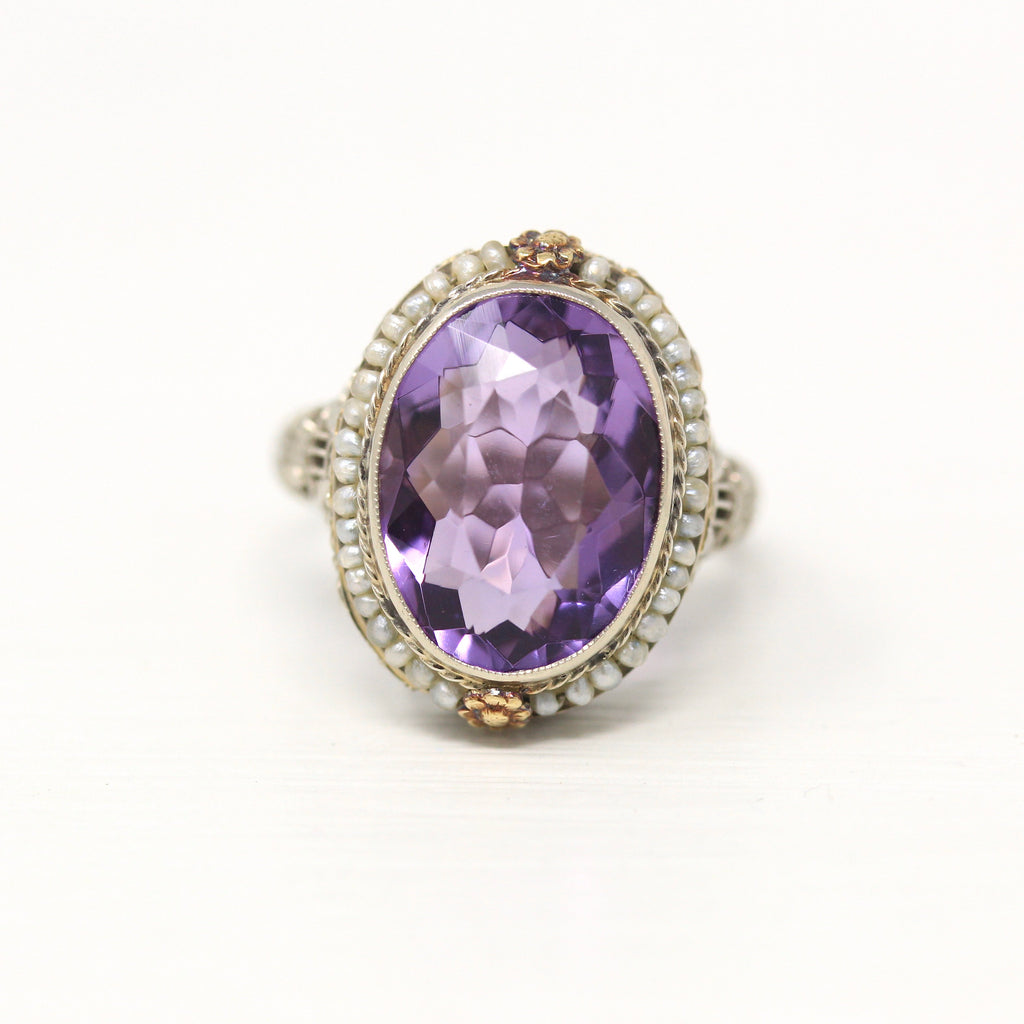 Genuine Amethyst Ring - Art Deco 14k White Gold 5.97 Carats Purple Gem - Antique Circa 1920s Era Size 8 Seed Pearl Halo Flower Fine Jewelry