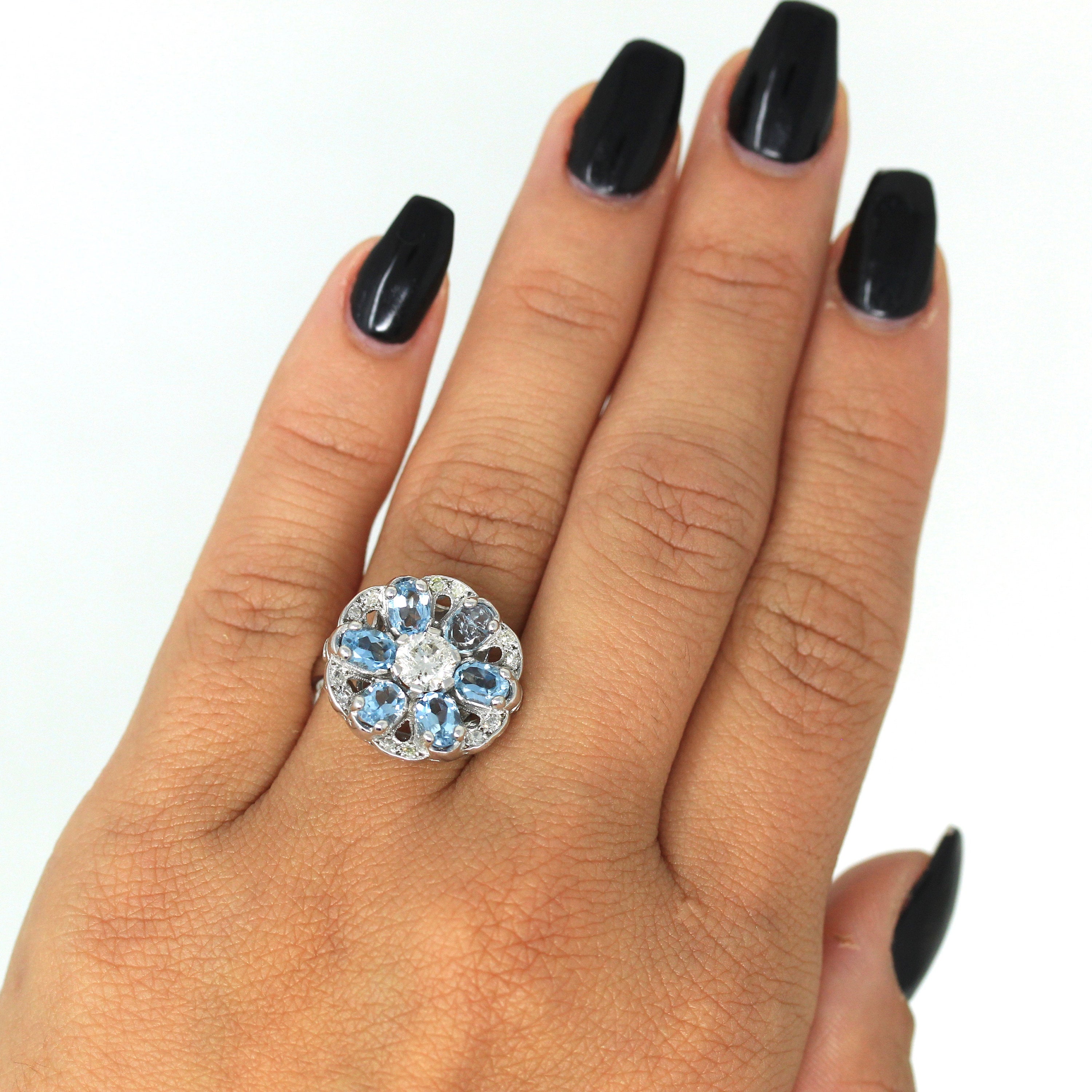 Floral Gemstone Cocktail Ring - Mid Century Era Genuine Diamond & Aquamarine Gems - Circa 1950s Era Statement Flower Fine Jewelry 50s Report