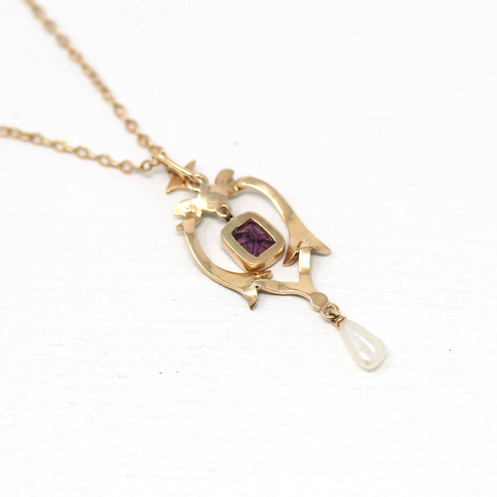 Antique Lavalier Pendant - Vintage 10k Yellow Gold Purple Glass Star Baroque Pearl Necklace - Edwardian Era 1910s Simulated Amethyst Jewelry