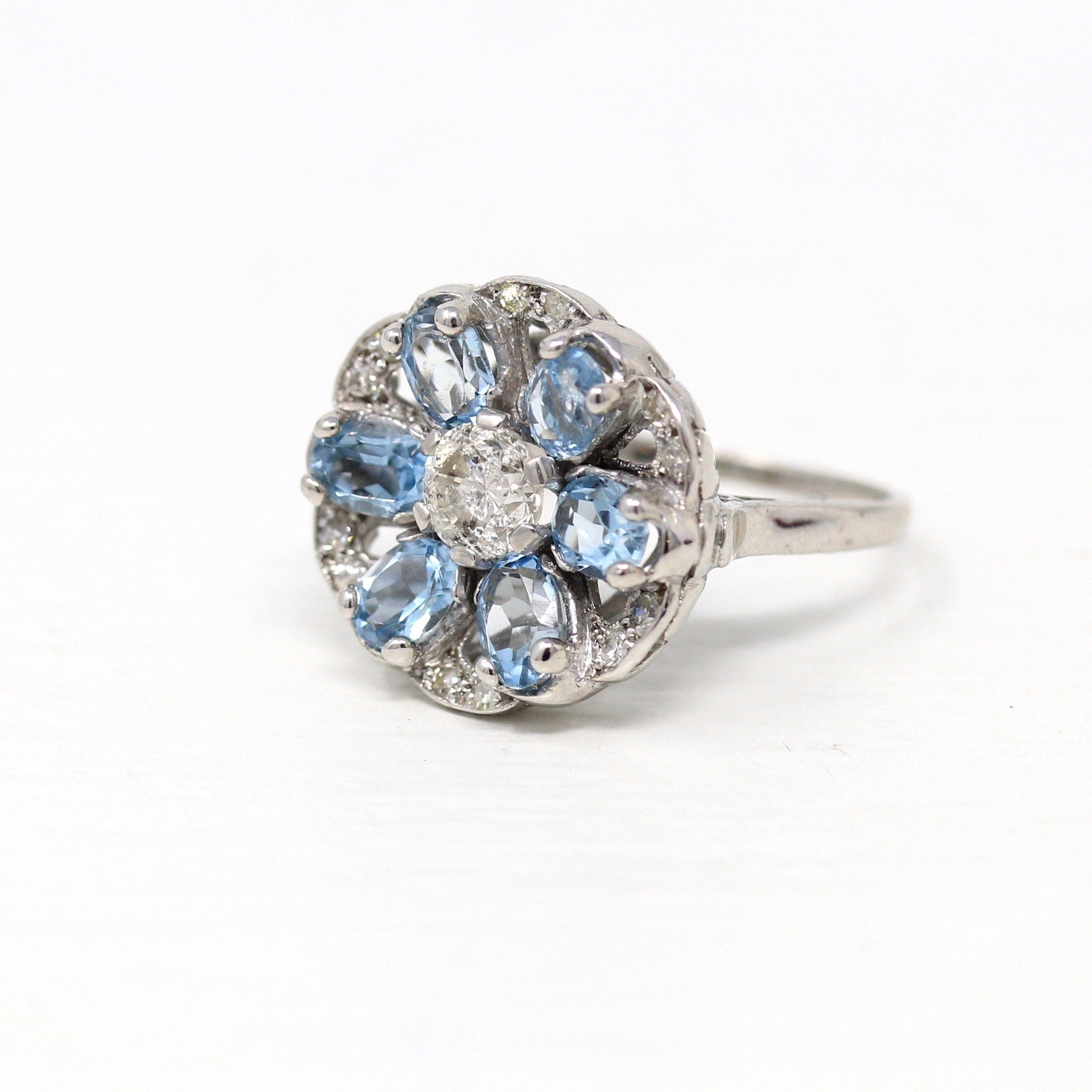 Floral Gemstone Cocktail Ring - Mid Century Era Genuine Diamond & Aquamarine Gems - Circa 1950s Era Statement Flower Fine Jewelry 50s Report